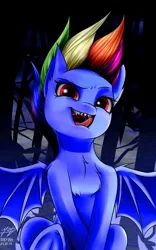Size: 2500x4000 | Tagged: safe, artist:azerta56, derpibooru import, edit, editor:the dreaded, rainbow dash, secrets and pies, bat wings, chest fluff, evil pie hater dash, female, high res, looking at you, mare, open mouth, sharp teeth, solo, spread wings, teeth, tongue out, underhoof, wings