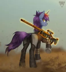 Size: 1111x1200 | Tagged: safe, artist:margony, derpibooru import, oc, oc:vertigo, pony, unicorn, fallout equestria, fallout equestria: child of the stars, clothes, commission, digital art, fanfic art, glowing horn, gun, hooves, horn, levitation, magic, male, optical sight, raised hoof, rifle, signature, sniper rifle, solo, stallion, syringer, telekinesis, underhoof, weapon