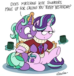 Size: 1529x1578 | Tagged: safe, artist:bobthedalek, derpibooru import, firelight, starlight glimmer, pony, unicorn, clothes, daughters gonna daughter, empathy cocoa, father and daughter, fathers gonna father, female, justice, kite, magic, male, mug, nervous, smug, smuglight glimmer, sweatdrop, sweater, telekinesis