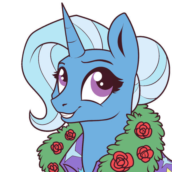 Size: 900x900 | Tagged: safe, artist:28gooddays, artist:icey-wicey-1517, color edit, derpibooru import, edit, trixie, pony, unicorn, alternate hairstyle, bust, cape, clothes, colored, cute, diatrixes, female, hair bun, mare, simple background, smiling, solo, transparent background, trixie's cape, wreath