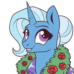 Size: 900x900 | Tagged: safe, artist:28gooddays, artist:icey-wicey-1517, color edit, derpibooru import, edit, trixie, pony, unicorn, alternate hairstyle, bust, cape, clothes, colored, cute, diatrixes, female, hair bun, mare, simple background, smiling, solo, transparent background, trixie's cape, wreath