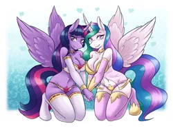 Size: 2000x1484 | Tagged: alicorn, alternate version, anthro, artist:ambris, blushing, breasts, busty princess celestia, busty twilight sparkle, cleavage, clothes, derpibooru import, female, holding hands, lesbian, lingerie, looking at you, mare, panties, princess celestia, shipping, smiling, stockings, suggestive, thigh highs, twilestia, twilight sparkle, twilight sparkle (alicorn), underwear, unguligrade anthro