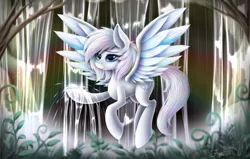 Size: 1024x652 | Tagged: safe, artist:hoodiefoxy, derpibooru import, oc, oc:diamond wing, unofficial characters only, pegasus, pony, digital art, female, flying, mare, scenery, signature, solo, spread wings, water, waterfall, wings