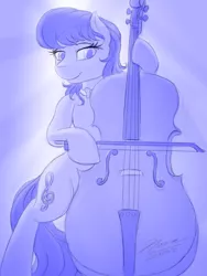 Size: 960x1280 | Tagged: safe, artist:novaintellus, derpibooru import, octavia melody, earth pony, pony, atg 2018, bipedal, cello, female, gradient background, mare, monochrome, musical instrument, newbie artist training grounds, sketch, smiling, solo
