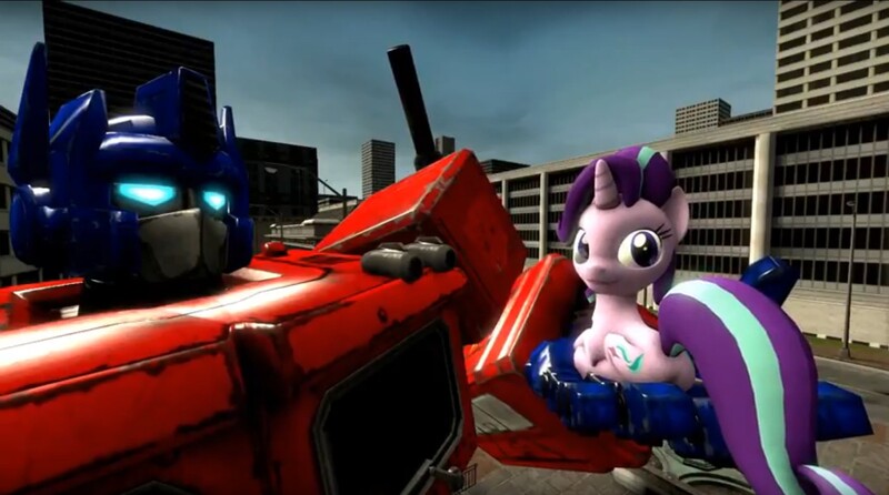 Size: 1677x935 | Tagged: safe, derpibooru import, starlight glimmer, pony, unicorn, 3d, female, gmod, optimus prime, smiling, transformers, video at source