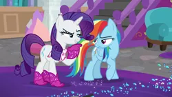 Size: 1280x720 | Tagged: safe, derpibooru import, screencap, rainbow dash, rarity, pegasus, pony, unicorn, the end in friend, azurantium, boots, duo, female, glitter boots, mare, neckerchief, shoes, sparkles