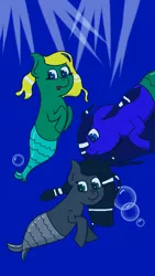 Size: 720x1280 | Tagged: artist:gamer-shy, black coat, black mane, blonde mane, blue coat, blue mane, bubble, derpibooru import, green coat, merpony, oc, oc:sapphire, oc:seawoona, oc:sira, safe, scales, swimming, underwater