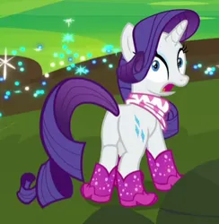 Size: 310x317 | Tagged: safe, derpibooru import, screencap, rarity, pony, unicorn, the end in friend, azurantium, boots, cropped, female, glitter boots, mare, neckerchief, plot, shoes, solo, sparkles