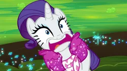 Size: 1280x720 | Tagged: safe, derpibooru import, screencap, rarity, pony, unicorn, the end in friend, azurantium, boots, female, glitter boots, mare, neckerchief, open mouth, screaming, shoes, solo, sparkles