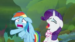 Size: 1280x720 | Tagged: safe, derpibooru import, screencap, rainbow dash, rarity, pegasus, pony, unicorn, the end in friend, duo, eyes closed, female, floppy ears, mare, neckerchief, open mouth, teary eyes, tongue out