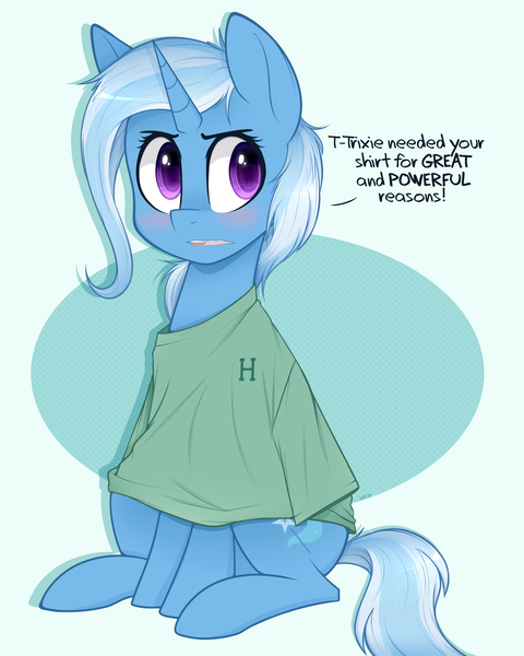 Size: 2000x2500 | Tagged: safe, artist:higgly-chan, derpibooru import, trixie, pony, unicorn, abstract background, blushing, clothes, colored pupils, cute, dialogue, diatrixes, female, great and powerful, mare, open mouth, oversized clothes, oversized shirt, shirt, signature, sitting, solo, stuttering, third person, tsundere, tsunderixie, weapons-grade cute