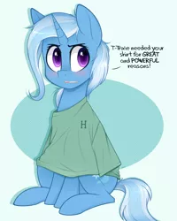 Size: 2000x2500 | Tagged: safe, artist:higgly-chan, derpibooru import, trixie, pony, unicorn, abstract background, blushing, clothes, colored pupils, cute, dialogue, diatrixes, female, great and powerful, mare, open mouth, oversized clothes, oversized shirt, shirt, signature, sitting, solo, stuttering, third person, tsundere, tsunderixie, weapons-grade cute