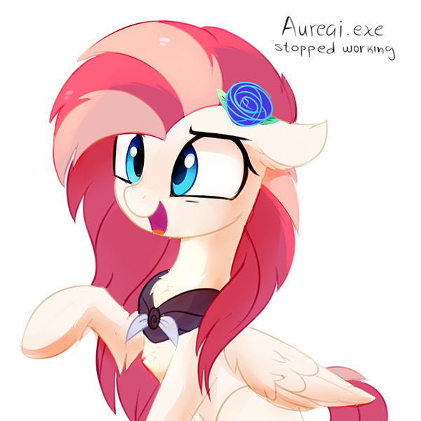 Size: 705x705 | Tagged: safe, artist:aureai, derpibooru import, oc, oc:aureai, unofficial characters only, pegasus, pony, adorable face, aureai is trying to murder us, chest fluff, clothes, confused, cute, ear fluff, female, floppy ears, flower, flower in hair, fluffy, folded wings, hoof fluff, leg fluff, mare, open mouth, pony.exe has stopped working, raised eyebrow, raised hoof, scarf, simple background, sitting, smiling, solo, stuck, weapons-grade cute, white background, wing fluff