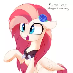 Size: 705x705 | Tagged: safe, artist:aureai, derpibooru import, oc, oc:aureai, unofficial characters only, pegasus, pony, adorable face, aureai is trying to murder us, chest fluff, clothes, confused, cute, ear fluff, female, floppy ears, flower, flower in hair, fluffy, folded wings, hoof fluff, leg fluff, mare, open mouth, pony.exe has stopped working, raised eyebrow, raised hoof, scarf, simple background, sitting, smiling, solo, stuck, weapons-grade cute, white background, wing fluff