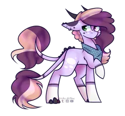 Size: 2900x2684 | Tagged: safe, artist:wooden-willow, derpibooru import, oc, unofficial characters only, original species, pony, :p, adoptable, clothes, digital art, double tail, ear piercing, female, heterochromia, high res, horns, mare, one hoof raised, piercing, scarf, signature, silly, simple background, solo, standing, tongue out, transparent background, two tails, ych result