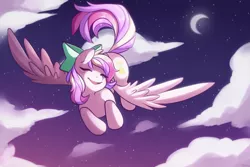 Size: 3000x2000 | Tagged: safe, artist:yukiin, derpibooru import, oc, oc:iridescent flings, unofficial characters only, pegasus, pony, bow, cloud, commission, crescent moon, digital art, eyes closed, female, flying, hair bow, happy, high res, looking sideways, mare, moon, multicolored hair, multicolored mane, multicolored tail, night, open mouth, signature, sky, smiling, solo, spread wings, transparent moon, wings, ych result