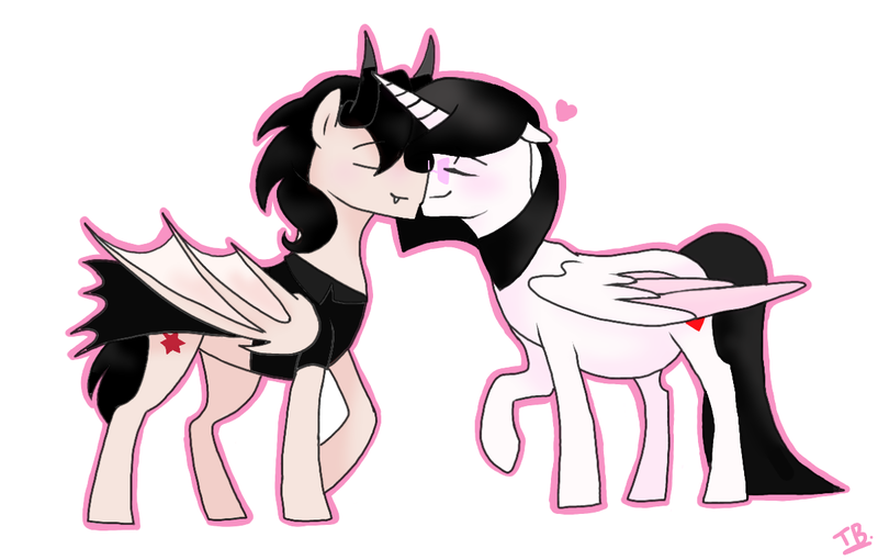 Size: 1200x765 | Tagged: alicorn, alicorn oc, artist:twiligh baibua, bat wings, couple, derpibooru import, eyes closed, fangs, female, glasses, heart, husband and wife, male, nuzzling, oc, oc:bella mercy, oc:hammy ringtail, oc x oc, pregnant, safe, shipping, signature, straight, unofficial characters only