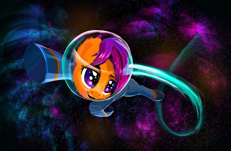 Size: 2142x1398 | Tagged: safe, artist:xbi, derpibooru import, scootaloo, pony, astronaut, jet stream, jetpack, scootaloo can fly, smiling, solo, space, spacesuit, tabun art-battle