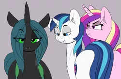 Size: 1280x833 | Tagged: safe, artist:pabbley, derpibooru import, edit, princess cadance, queen chrysalis, shining armor, alicorn, changeling, changeling queen, pony, 30 minute art challenge, distracted boyfriend meme, eye clipping through hair, female, imminent threesome, inverted mouth, male, meme, shining chrysalis, shiningcadance, shipping, smiling, smirk, smug, stallion, straight, this will end in a night of three-player twister, this will end in a night on the couch