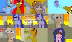 Size: 3648x2112 | Tagged: 1000 hours in ms paint, applejack, artist:mellowbomb, comic:calamity fateful, derpibooru import, dialogue, oc, oc:running blade, pinkie pie, rainbow dash, rarity, safe, twilight sparkle