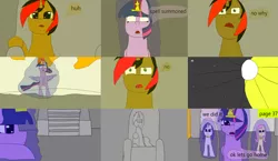 Size: 3648x2112 | Tagged: 1000 hours in ms paint, artist:mellowbomb, comic:calamity fateful, derpibooru import, dialogue, fluttershy, oc, oc:running blade, rarity, safe, twilight sparkle