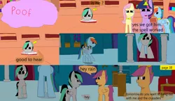 Size: 3648x2112 | Tagged: 1000 hours in ms paint, artist:mellowbomb, comic:calamity fateful, derpibooru import, dialogue, fluttershy, oc, oc:closingrain, rainbow dash, safe, scootaloo, twilight sparkle