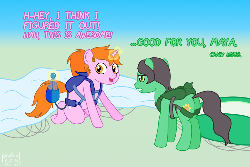 Size: 1500x1000 | Tagged: artist:phallen1, atg 2018, derpibooru import, dialogue, enthusiasm, magic, newbie artist training grounds, nonplussed, oc, oc:maya northwind, oc:sadie michaels, parachute, ponified oc, reserve parachute, safe, skydiving, unofficial characters only