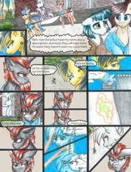 Size: 1950x2550 | Tagged: safe, artist:tillie-tmb, derpibooru import, oc, oc:meadow lark, oc:rebus hunter, oc:tempest, unofficial characters only, earth pony, pony, unicorn, comic:the amulet of shades, comic, female, invisibility, magic, male, mare, stallion, traditional art