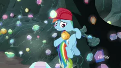 Size: 1920x1080 | Tagged: safe, derpibooru import, screencap, rainbow dash, pegasus, pony, the end in friend, female, gem, gem cave, helmet, mare, mining helmet, solo