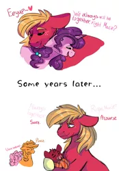 Size: 664x955 | Tagged: safe, artist:vovanpetuh, derpibooru import, applejack, big macintosh, pinkie pie, sugar belle, oc, oc:red wine, pony, unicorn, applepie, father and son, female, holding a pony, implied applepie, implied divorce, implied lesbian, implied shipping, lesbian, male, missing accessory, neck nuzzle, offspring, pacifier, parent:big macintosh, parent:sugar belle, parents:sugarmac, shipping, simple background, straight, sugarmac, white background