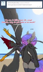 Size: 900x1489 | Tagged: suggestive, artist:darkestmbongo, derpibooru import, oc, oc:d.d, oc:gaia, anthro, earth pony, gryphon, ask ddthemaid, arm hooves, armpits, ask, beach, breasts, clothes, dialogue, drama queen, dramatic, gradient mane, ocean, socks, spread wings, sun, swimsuit, thigh highs, tumblr, unamused