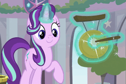 Size: 855x572 | Tagged: safe, derpibooru import, screencap, starlight glimmer, pony, unicorn, a matter of principals, animated, cute, female, glimmerbetes, glowing horn, gong, magic, mare, smiling, solo, song of my people