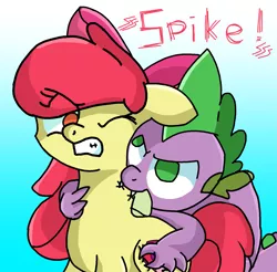 Size: 1523x1501 | Tagged: safe, artist:dragool, derpibooru import, apple bloom, spike, dragon, angry, biting, female, grope, looking at each other, male, neck biting, one eye closed, shipping, spikebloom, straight, winged spike