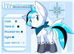 Size: 3570x2600 | Tagged: safe, artist:kaleido-art, derpibooru import, oc, oc:trailblazer, unofficial characters only, pegasus, pony, bandana, blue eyes, caption, clothes, cute, cutie mark, ear fluff, english, looking at you, male, reference sheet, side view, sidemouth, simple background, smiling, socks (coat marking), solo, stallion, standing, wings