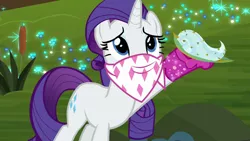 Size: 1280x720 | Tagged: safe, derpibooru import, screencap, rarity, pony, unicorn, the end in friend, azurantium, bandana, boots, effervescence, female, glitter boots, mare, shoes, solo, sparkles