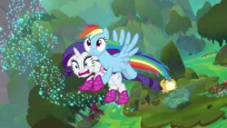 Size: 1280x720 | Tagged: safe, derpibooru import, screencap, rainbow dash, rarity, bufogren, pegasus, pony, unicorn, the end in friend, boots, female, flying, glitter boots, mare, shoes, swamp