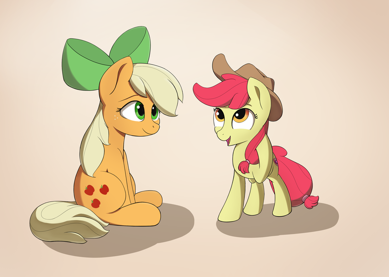 Size: 3716x2649 | Tagged: safe, artist:whiskeypanda, derpibooru import, apple bloom, applejack, earth pony, pony, accessory swap, alternate hairstyle, cowboy hat, duo, duo female, female, filly, hat, mane swap, mare, ribbon, simple background, sisters, sitting, smiling, stetson