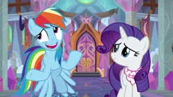 Size: 1280x720 | Tagged: safe, derpibooru import, screencap, rainbow dash, rarity, pegasus, pony, unicorn, the end in friend, door, duo, female, mare, neckerchief, school of friendship