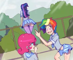 Size: 1280x1060 | Tagged: artist:husdur, ass, butt, clothes, colored, derpibooru import, female, human, humanized, kancho, legs, midriff, miniskirt, panties, pinkie pie, pleated skirt, rainbow dash, sailor uniform, skirt, socks, suggestive, thigh highs, this will end in pain, twilight sparkle, underwear, upskirt, white underwear, zettai ryouiki