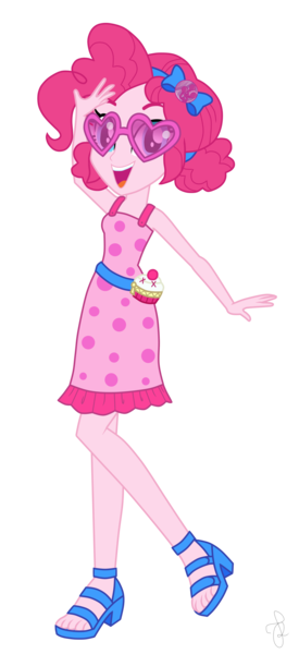 Size: 1448x3156 | Tagged: safe, artist:ilaria122, artist:pupkinbases, derpibooru import, pinkie pie, equestria girls, equestria girls series, i'm on a yacht, spring breakdown, spoiler:eqg series (season 2), bow, clothes, cruise outfit, dress, feet, geode of sugar bombs, hair bow, high heels, magical geodes, open mouth, pigtails, sandals, shoes, simple background, solo, sunglasses, transparent background