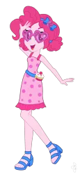 Size: 1448x3156 | Tagged: safe, artist:ilaria122, artist:pupkinbases, derpibooru import, pinkie pie, equestria girls, equestria girls series, i'm on a yacht, spring breakdown, spoiler:eqg series (season 2), bow, clothes, cruise outfit, dress, feet, geode of sugar bombs, hair bow, high heels, magical geodes, open mouth, pigtails, sandals, shoes, simple background, solo, sunglasses, transparent background