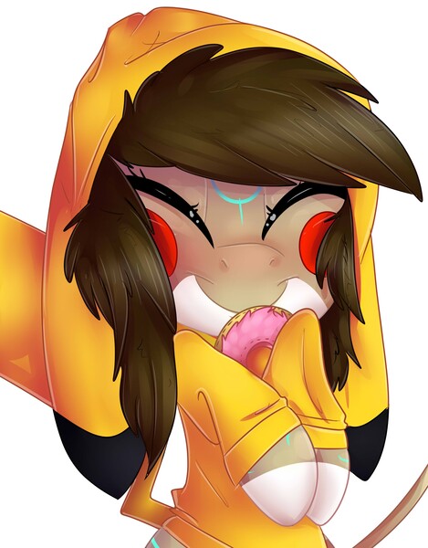 Size: 2229x2853 | Tagged: safe, artist:donutnerd, derpibooru import, oc, oc:rune, unofficial characters only, pegasus, pikachu, pony, blushing, clothes, costume, cute, donut, eyes closed, female, fluffy, food, happy, hoodie, kigurumi, mare, plushie, pokémon, pokémon red and blue, smiling, snuggling, solo, sweatshirt, warm, young