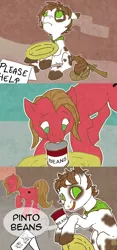 Size: 1050x2250 | Tagged: safe, artist:curiousglaistig, derpibooru import, oc, oc:pun, unofficial characters only, earth pony, pony, ask pun, ask, beans, can, female, food, hobo, hobo pony, homeless, mare, pun