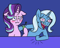 Size: 500x400 | Tagged: safe, artist:spyro-for-life, derpibooru import, starlight glimmer, trixie, pony, unicorn, fanfic:the roasting of starlight glimmer, blushing, cocktail, cocktail glass, crying, duo, fanfic art, female, hoof hold, i mean i see, laughing, mare, meme, tears of laughter, wheeze
