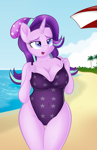 Size: 5000x7711 | Tagged: suggestive, artist:an-tonio, artist:rainbownspeedash, derpibooru import, starlight glimmer, anthro, unicorn, absurd resolution, beach, beanie, big breasts, breasts, busty starlight glimmer, chubby, cleavage, clothes, collaboration, curvy, female, hat, hourglass figure, looking at you, mare, ocean, one-piece swimsuit, open mouth, palm tree, smiling, solo, solo female, stupid sexy starlight glimmer, swimsuit, tree, umbrella, vector