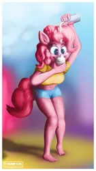 Size: 1080x1920 | Tagged: anthro, artist:stann.co, belly button, clothes, cream, cupcake, derpibooru import, digital art, food, midriff, muffin, painting, photoshop, pie, pinkie pie, pinup, plantigrade anthro, safe, shorts, short shirt, sugarcube corner, whipped