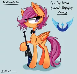 Size: 4753x4560 | Tagged: absurd resolution, artist:rigiroony, artist:scootaloocuteness, derpibooru import, gun, new lunar republic, safe, scootaloo, weapon