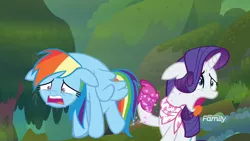 Size: 1920x1080 | Tagged: safe, derpibooru import, screencap, rainbow dash, rarity, pegasus, pony, unicorn, the end in friend, boots, crying, duo, female, floppy ears, flying, glitter boots, mare, neckerchief, open mouth, shoes, tongue out