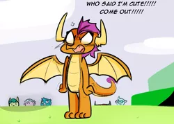 Size: 1400x1000 | Tagged: safe, artist:zouyugi, derpibooru import, gallus, ocellus, sandbar, silverstream, smolder, yona, classical hippogriff, dragon, gryphon, hippogriff, angry, blushing, cute, dialogue, dragoness, female, hiding, i'm not cute, smolderbetes, smoldere, student six, this will end in pain, tsundere, upset