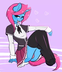 Size: 1280x1498 | Tagged: suggestive, artist:wickedsilly, derpibooru import, oc, oc:soft stroke, unofficial characters only, anthro, unicorn, anthro oc, blushing, clothes, crossdressing, femboy, heart, looking at you, male, one eye closed, pink underwear, pleated skirt, school uniform, shirt, shoes, sitting, skirt, skirt lift, smiling, socks, solo, solo male, thigh highs, tongue out, underwear